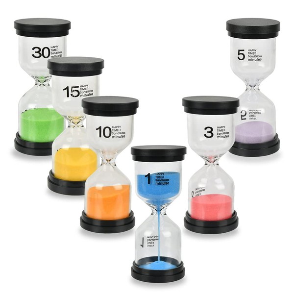 6 Pcs Color Sand Timers,Sand Timers for Kids,Sand Timers for Autistic Children,Coded Color Hourglass Sand Clocks 1min / 3mins / 5mins / 10mins / 15mins / 30mins for Classroom Office Kitchen Timer