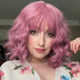 AMZCOS Pink Wig with Bangs for Women | 12 Inch Short Pink Wavy Wigs for Women Daily Wear