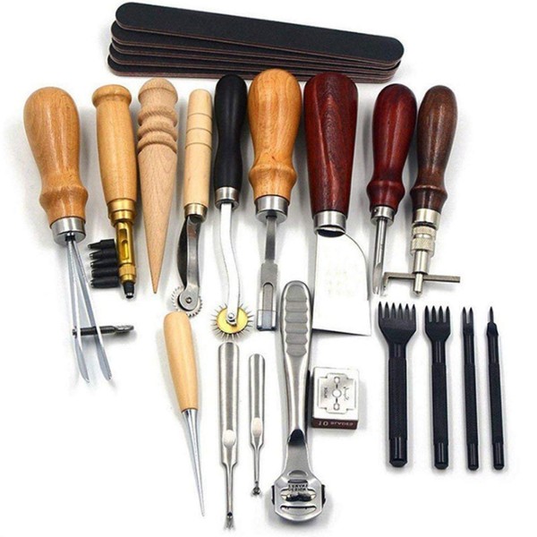 19 Pieces Leather Tool Kit, Leather Hole Punch Set, Leather Work Tools and Accessories, DIY Leather Craft Tools and Beginners Leather Work Tools, for Basic Stamping Set, Kit for Beginners