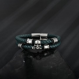 Veshon Mens Rose Skull Bracelet, Two Row Leather Braided Steel Skeleton Bracelet Wristband Bangle Gothic Punk Rock Jewelry for Men, 8.3 Inch