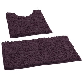LuxUrux Bath Mat, Luxury Chenille (2-Piece) Bath Mat Set, Soft Plush Anti-Slip Bath Rug + Toilet Mat.1'' Microfiber Shaggy Carpet, Super Absorbent (Curved Set Small, Plum)