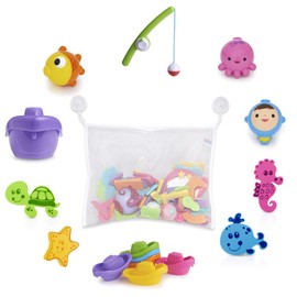 ToeZee Bath Toys for Boys & Girls | Bathtub Water Toyset with Nuby 16-Piece Floating Foam Bath Animals, Munchkin Fishin' Bath Toy, Little Boat Train Set & Bath Toy Organizer with Suction Cups