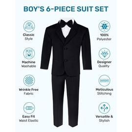 Boy's 5-Piece Suit Set - Includes Suit Jacket, Dress Pants, Matching Vest, White Dress Shirt, Neck Tie - Black, 8