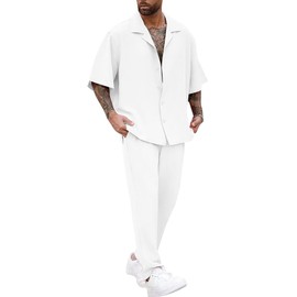 LecGee Men's 2 Piece Outfits Summer Beach Set Solid Color Short Sleeve Button Down Shirts and Pants Sets(White,M)