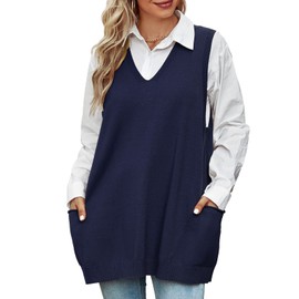 Niwicee Womens Sweater Vest Loose Knitted Sleeveless Jumpers Tank Top Knitwear V-Neck Vintage Knit Pullover Waistcoat with 2 Pockets(Navy,L)