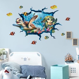 ANHUIB 3D Under The Sea Turtle Wall Decals Wall Stickers for Marine Animals Decoration Tropical Fish Ocean Wall Art Decals for Baby Nursery Kids Broken Wall Stickers Bathroom Wall Decor