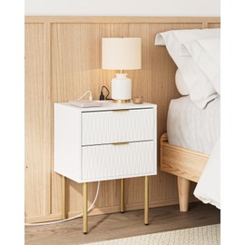 Aienvey Night Stand Charging Station, Modern Bedside Table with Storage 2 Drawer and Open Wood Shelf, Night Stand, End Table for Bedroom, Living Room, White