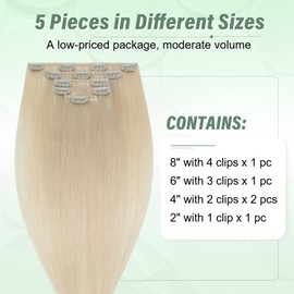 TESS Blonde Real Hair Extensions Clip, 5 Pieces Double Wefts #70 Platinum Blonde Clip-In Extensions Real Hair Straight Remy Real Hair 70 g 45 cm Hair Extensions Real Hair Clip