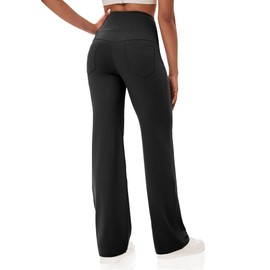 VOOVEEYA Yoga Pants Women with Pockets, Straight Wide Leg Pants High Waisted Work Dress Pants Petite/Regular/Tall (Long Black-L)