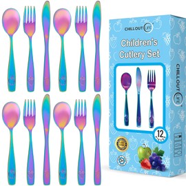 12 Piece Stainless Steel Kids Silverware Set - Child and Toddler Safe Flatware - Kids Utensil Set - Metal Kids Cutlery Set Includes 4 Small Kids Spoons, 4 Forks & 4 Knives - UV Rainbow