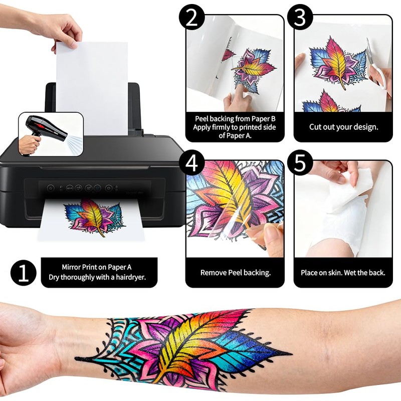 8 Sheets Printable Temporary Tattoo Paper for INKJET PRINTER, Vibrant