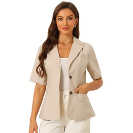 Allegra K Cotton Linen Blazer for Women's Office Business Short Sleeve Notched Lapel Blazer Jacket Khaki L