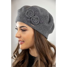 VIVISENCE Elegant Women's Winter Beret Hat with Classic Cut Warm Wool Blend Floral Applique and Perfect Fit Ideal for Cold Days for Women, darkgray