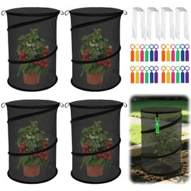 4 Pack Pop Up Plant Covers from Animals, 20" H X 13" D Insect Barrier Plant Cover Net, Round Foldable Plant Protectors Mesh, Garden Plant Protectors for Outdoor Plants, with Stakes and Labels (Black)
