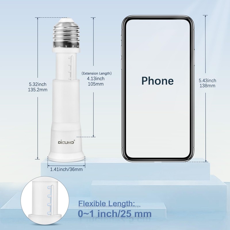 DiCUNO E26 3.15-4.13Inch/8-10.5CM Extension Flexible Socket Extender Adapter, E26 Edison