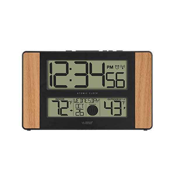 La Crosse Technology Atomic Digital Clock with Outdoor Temperature, Oak, 0