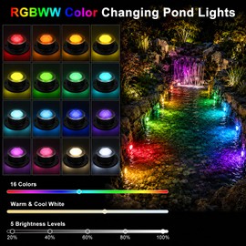 LED Pond Lights RGBWW, Underwater Pond Lights with 12V Timer Transformer, 6 Head Outdoor IP68 Waterproof Submersible Fountain Lights, Remote Control & Photocell Sensor for Pond, Waterfall, Garden