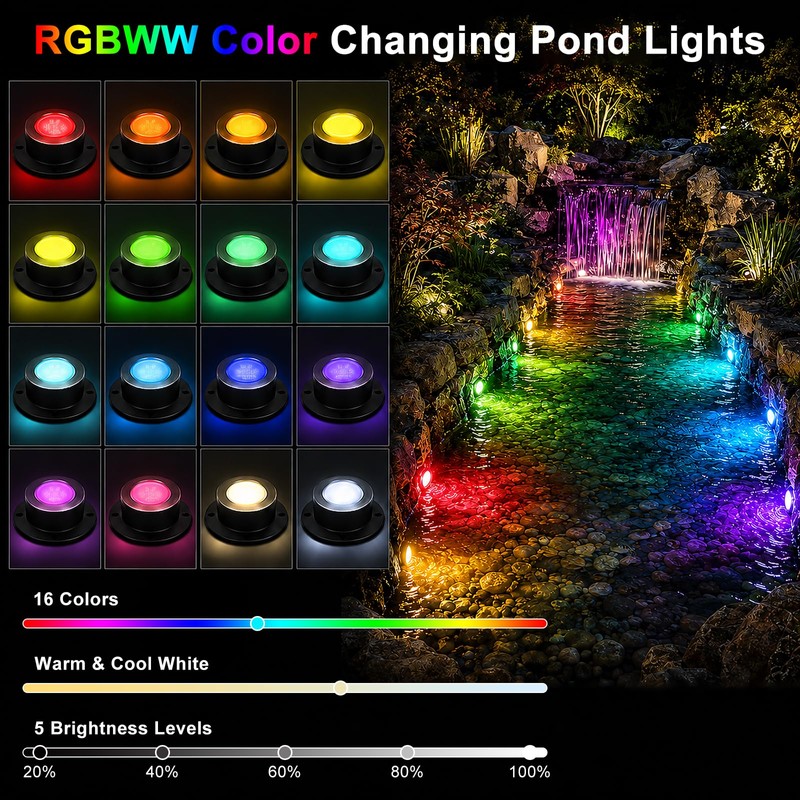 LED Pond Lights RGBWW, Underwater Pond Lights with 12V Timer