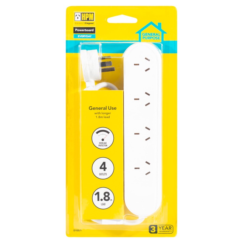 HPM 4 Outlet Overload Powerboard with 1.8 M Lead