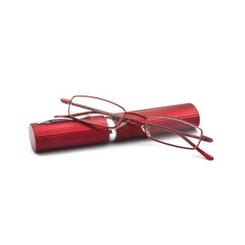 EYE ZOOM Ultra Slim Compact Lightweight Tube Reading Glasses with Portable Clip Aluminum Case, Wine Red Strength +3.00