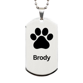 DARIN GIFT Brody Paw Print Name Silver Dog Tag - Loss of Pet Remembrance ID Plate Dog Cat Pet Paw Pet Lover Memorial Gifts for Men Women, Engraved Chain Necklace