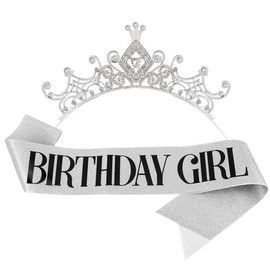 AOPRIE Birthday Girl Headbands for Women Birthday Sash Tiara & Crowns for Girls Happy Birthday Accessories Favor Supllies Black Silver White, 2 Pack