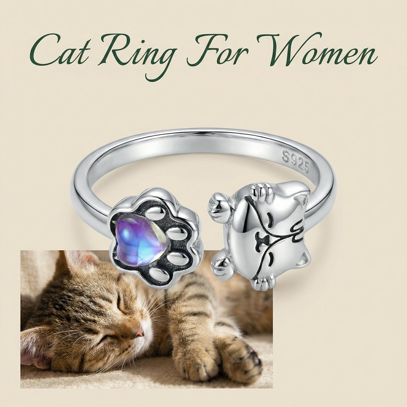 INURAN 925 Sterling Silver Cat Open Rings Moonstone Cute Animal