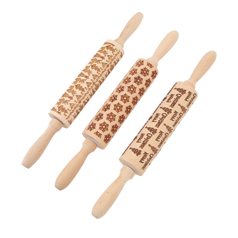 3Pcs Wooden Embossed Rolling Pin Cute Christmas Pattern Engraved Embossing