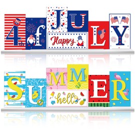 Chunful Reversible Hello Summer 4th of July Decorations for Home Wooden Memorial Day Patriotic Table Decoration Summer Table Centerpieces Red White Blue Flamingo Watermelon Independence Day Sign