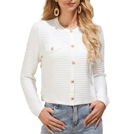 GRACE KARIN Women's Cardigan Button Long Sleeve Crew Neck Knitwear Summer Sweater Cardigans White L