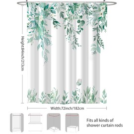 CTOTSYC Eucalyptus Shower Curtain, Teal Watercolor Leaves with Floral Botanical Bathroom Decor, Waterproof Fabric Bath Curtain Set with Hooks, 72x84 Inches