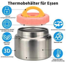 Smlper Thermal Food Container 250 ml/350 ml, Stainless Steel Children's Container with Double Lid, Portable Thermal Food Container, Handle Insulating & Vacuum Insulated (Pink, 350 ml)