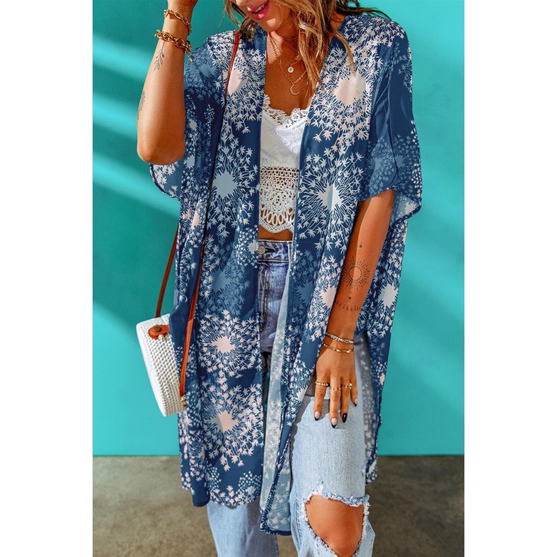 Women's Beach Hawaii Flowy Dress Kimono Cardigans Summer Bikini Coverups(04-Blue