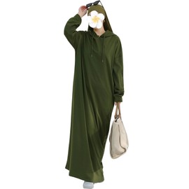 khalat Womens Hoodies Muslim Prayer Dress One-Piece Solid Color Islamic Abaya Dress Robe Loose Middle East Turkey Outfits Army Green