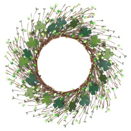 St. Patrick's Day Shamrock Wreath: 22 Inch Wooden Irish Decoration with Green Berries & Sprigs for Home, Door, Party Festive Decor