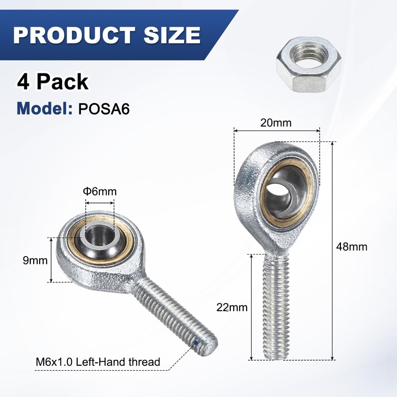 M METERXITY 4-Pack POSA6 Rod End Bearing, M6x1.0 Left Thread