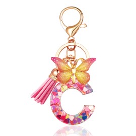 JINGUAZI Initial letter Keychains for Women Tassel Butterfly Pink Cute Car Keychain for Wallet Purses Backpack (Pink C)