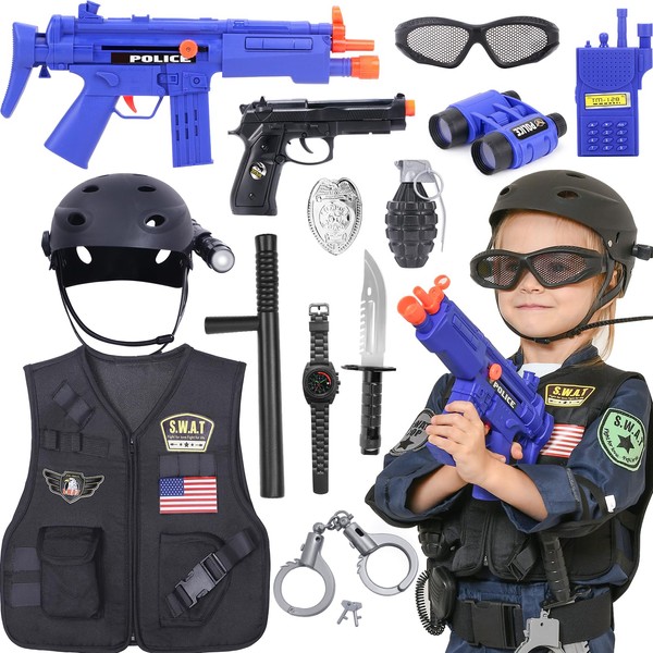 C.C SWAT Police Officer Costume for Boys Kids, SWAT Gear with Vest Helmet Badge Toys Costume Accessories Deluxe Set Halloween Pretend Play Gift for Kids