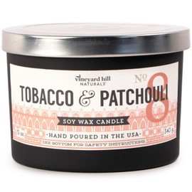 Vineyard Hill Naturals Matte Black Letterpress 3-Wick Scented Candle, 12-Ounce, Tobacco & Patchouli