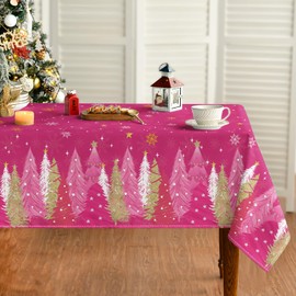 Horaldaily Christmas Tablecloth 60x60 Inch Square, Christmas Trees Pink Washable Seasonal Table Cover for Party Picnic Dinner Decor