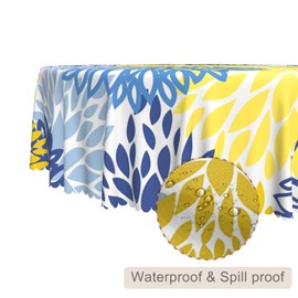 TTQYFNM Navy Blue Yellow Flowers Round Tablecloth 60 Inch Abstract Dahlia Floral Circular Table Cloth Modern Geometric Polyester Table Cover for Dining Room Kitchen Patio Home Decor Party Supplies