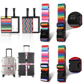 4 x Luggage Strap with Combination Lock + 2 x Luggage Tags with Address Label, 200 x 5 cm Adjustable Non-Slip Password Luggage Strap Luggage Strap with TSA Lock for Suitcase Webbing Luggage Straps