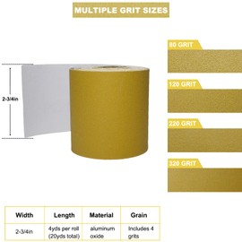 Total 20 Yards Long Continuous Roll Kit - Grit PSA Longboard Sandpaper, 2-3/4" Wide - Self Adhesive Stickyback Sandpaper for Automotive, Woodworking, Hand Sanding Blocks (4 Roll Assorted)