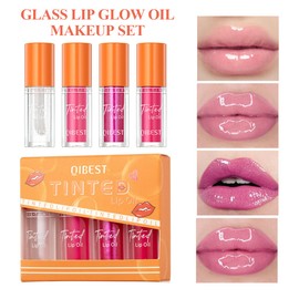 4Pcs Hydrating Lip Glow Oil,Moisturizing Lip Oil Big Brush Head Long Lasting Hydrating Shimmery Transparent,Glass Lip Glow Oil Nourishing Repairing & Non-sticky Lip Gloss Makeup Set A