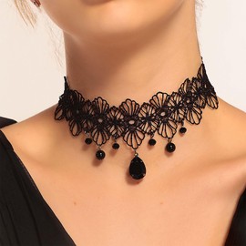 TseenYi Lace Black Choker Necklace Vintage Lace Wide Choker Necklace Pearl Tassel Lace Necklace Jewellery for Women and Girls Cocktail Party