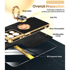 LeYi for Moto-G-5G-2025 Case: 【𝐍𝐨𝐭 𝐅𝐢𝐭 𝐆 𝐏𝐨𝐰𝐞𝐫 𝟐𝟎𝟐𝟓】 1 Pack Tempered Glass Screen Protector and 360° Rotatable Ring Holder Magnetic Kickstand, Plating Rose Gold Edge Case, Black