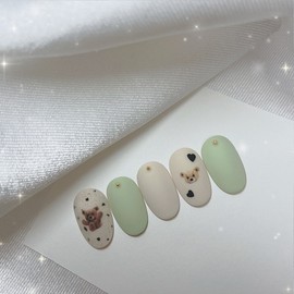 [Handmade Nail Tips] Yeonduku and Bear Nails - Coffin Egg / [수제네일팁] 연두쿠앤크베어 네일 - 코핀에그