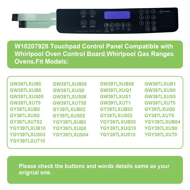W10207928 Touchpad Control Panel Compatible with Whirlpool Range/Oven
