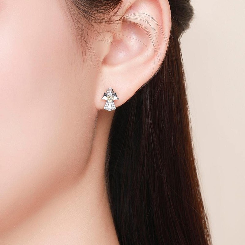 NEWL 925 Sterling Silver Guardian Angel Exquisite Stud Earrings for