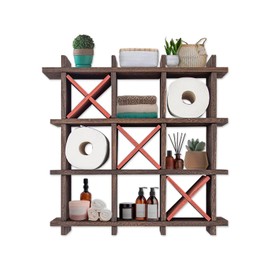 Comfify Tic-Tac-Toe Toilet Paper Holder – Freestanding or Wall Mounted Storage for Bathroom Tissue – Torched Brown Farmhouse Decor